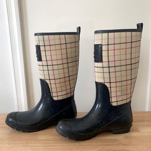 Plaid Coach rain boots.